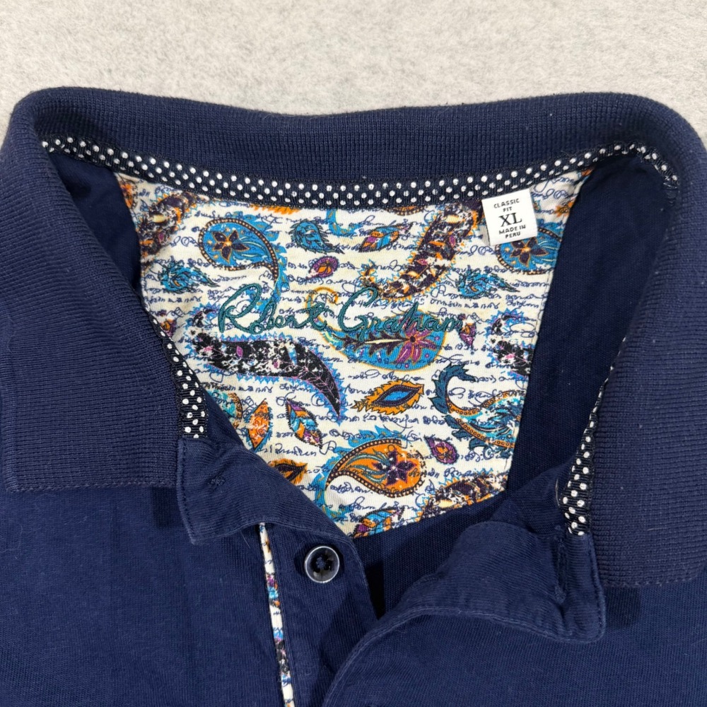 Robert Graham Polo Shirt Mens XL Navy Crowned Skull Paisley Trim Classic Fit - Picture 2 of 11
